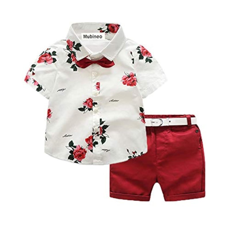 Mubineo Toddler Little Boy Kids Summer Floral Shirt Bermuda Shorts Outfit Set Clothes (White/Red, 7)